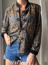 Load image into Gallery viewer, Vintage Floral Cotton Blazer: Black Velvet Mandarin Collar, Frog Closure