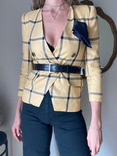 Load image into Gallery viewer, Vintage Yellow Black Plaid Blazer Padded Shoulders Petite