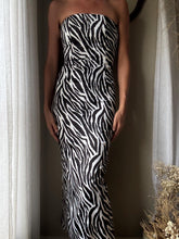 Load image into Gallery viewer, Vintage Gunne Sax Zebra Print Maxi Dress: Strapless Rhinestone Detail