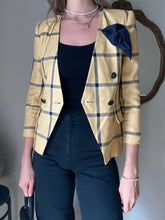 Load image into Gallery viewer, Vintage Yellow Black Plaid Blazer Padded Shoulders Petite