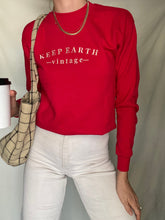Load image into Gallery viewer, Upcycled Vintage Bright Cherry Red Sweatshirt with Beige Keep Earth Vintagen Embroidered Logo
