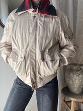 Load image into Gallery viewer, Vintage 80s Beige Bomber Jacket: Plaid Lining, Removable Hood