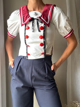 Load image into Gallery viewer, Vintage Handmade Nautical Sailor Top: Puff Sleeves, Burgundy Collar