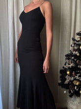 Load image into Gallery viewer, Vintage Rhinestone Strap Long Black Deep Back Dress Gown with Train Made in USA