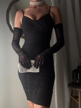 Load image into Gallery viewer, Vintage Ruched Bodycon Dress: Black Cotton Blend Spaghetti Strap