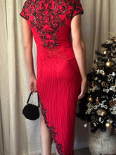 Load image into Gallery viewer, Vintage Silk Red and Black Beaded Dress Asymmetrical Hem