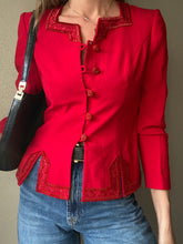Load image into Gallery viewer, Vintage Structured Red Blazer Beaded Details and Buttons Square Neckline