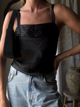 Load image into Gallery viewer, Vintage Black Satin Slip Tank Top with Straight Pleated Neckline