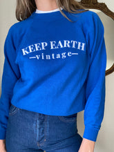 Load image into Gallery viewer, Upcycled Vintage Blue Raglan Sweatshirt: 'Keep Earth Vintage' Logo