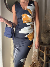Load image into Gallery viewer, Pretty Secondhand Navy Blue Satin White Orange Large Floral Pattern Long Dress