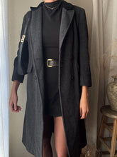 Load image into Gallery viewer, Classic Vintage Wool Oversized Dark Grey Long Coat Black Velvet Collar Made in USA