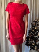 Load image into Gallery viewer, Vintage Cherry Red Embroidery Short Sleeve Dress Scalloped Hem Keyhole Back Petite