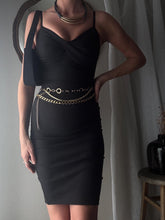 Load image into Gallery viewer, Vintage Ruched Bodycon Dress: Black Cotton Blend Spaghetti Strap