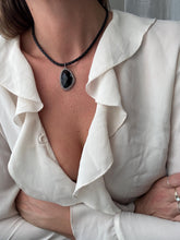 Load image into Gallery viewer, Vintage Y2K Faux Black Woven Leather with Black and Silver Pendant Statement Necklace