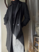 Load image into Gallery viewer, Classic Vintage Wool Oversized Dark Grey Long Coat Black Velvet Collar Made in USA