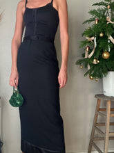 Load image into Gallery viewer, Vintage Black Maxi Skirt: Sparkle Satin Hem, Back Slit
