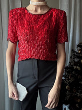 Load image into Gallery viewer, Vintage Red Silk Sequin Blouse: Beaded Short Sleeve Top Shoulder Pads