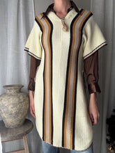 Load image into Gallery viewer, Vintage Cream Knit Poncho with Brown Black Grey Stripe