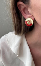 Load image into Gallery viewer, Vintage 80s 90s Nautical Red Cream Gold Ship Wheel Circle Statement Earrings