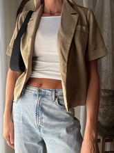 Load image into Gallery viewer, Vintage Linen Dark Khaki Cropped Boxy Short Sleeve Lightweight Blazer Shoulder Pads