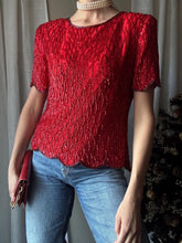 Load image into Gallery viewer, Vintage Red Silk Sequin Blouse: Beaded Short Sleeve Top Shoulder Pads
