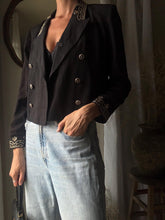 Load image into Gallery viewer, Vintage 80s 90s Cropped Black Double Breasted Blazer Gold Embellished Collar Cuff Detail