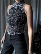 Load image into Gallery viewer, Vintage High Neck Black Silk and Silver Beaded Sequin Halter Top
