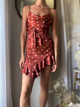 Load image into Gallery viewer, Preloved Animal Print Mini Slip Dress: Cowl Neck Ruffle Hem