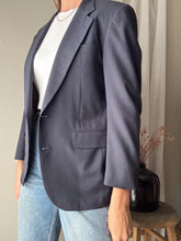 Load image into Gallery viewer, Vintage Wool Boyfriend Blazer: Dark Navy Blue with Gold Crest Buttons
