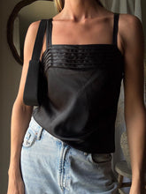 Load image into Gallery viewer, Vintage Black Satin Slip Tank Top with Straight Pleated Neckline