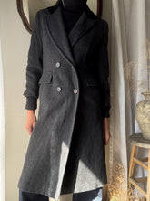 Load image into Gallery viewer, Classic Vintage Wool Oversized Dark Grey Long Coat Black Velvet Collar Made in USA