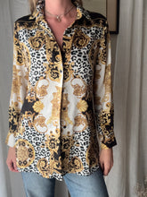 Load image into Gallery viewer, Vintage Abstract Snow Leopard Gold Baroque Print Satin Button Down Blouse