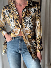 Load image into Gallery viewer, Vintage Abstract Snow Leopard Gold Baroque Print Satin Button Down Blouse