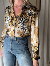 Load image into Gallery viewer, Vintage Abstract Snow Leopard Gold Baroque Print Satin Button Down Blouse