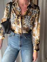 Load image into Gallery viewer, Vintage Abstract Snow Leopard Gold Baroque Print Satin Button Down Blouse