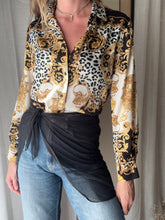 Load image into Gallery viewer, Vintage Abstract Snow Leopard Gold Baroque Print Satin Button Down Blouse
