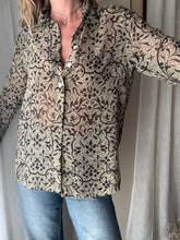 Load image into Gallery viewer, Vintage Beige Olive Semi Sheer Collared Button Up Collared Shirt Blouse Black Floral Pattern Abalone Shell Buttons Made in USA