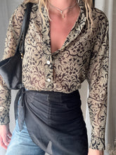 Load image into Gallery viewer, Vintage Beige Olive Semi Sheer Collared Button Up Collared Shirt Blouse Black Floral Pattern Abalone Shell Buttons Made in USA