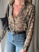Load image into Gallery viewer, Vintage Beige Olive Semi Sheer Collared Button Up Collared Shirt Blouse Black Floral Pattern Abalone Shell Buttons Made in USA