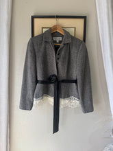 Load image into Gallery viewer, Vintage Upcycled Gray Cropped Blazer with French Vintage Lace Sourced from France Removable Waist Tie