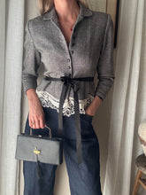 Load image into Gallery viewer, Vintage Upcycled Gray Cropped Blazer with French Vintage Lace Sourced from France Removable Waist Tie