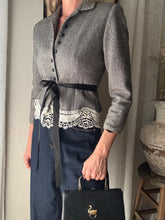 Load image into Gallery viewer, Vintage Upcycled Gray Cropped Blazer with French Vintage Lace Sourced from France Removable Waist Tie