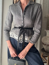 Load image into Gallery viewer, Vintage Upcycled Gray Cropped Blazer with French Vintage Lace Sourced from France Removable Waist Tie