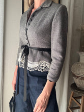 Load image into Gallery viewer, Vintage Upcycled Gray Cropped Blazer with French Vintage Lace Sourced from France Removable Waist Tie