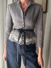 Load image into Gallery viewer, Vintage Upcycled Gray Cropped Blazer with French Vintage Lace Sourced from France Removable Waist Tie