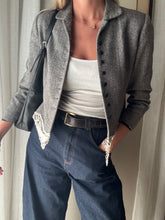 Load image into Gallery viewer, Vintage Upcycled Gray Cropped Blazer with French Vintage Lace Sourced from France Removable Waist Tie