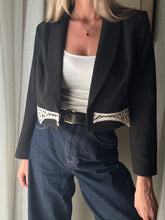 Load image into Gallery viewer, Vintage Upcycled Black Cropped Blazer with French Vintage Lace Sourced from France