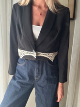 Load image into Gallery viewer, Vintage Upcycled Black Cropped Blazer with French Vintage Lace Sourced from France