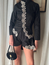 Load image into Gallery viewer, Vintage French Lace Upcycled Mandarin Collar Button Up with Removable Pleated Asymmetrical Skirt Panel