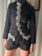 Load image into Gallery viewer, Vintage French Lace Upcycled Mandarin Collar Button Up with Removable Pleated Asymmetrical Skirt Panel